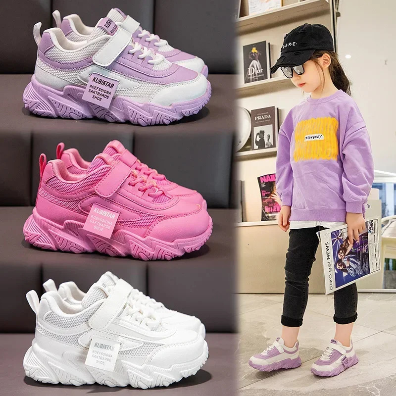 Spring Kids Sneakers PU Girls Casual Mesh Solid Pink Light Boys White Hook Loop Children Non-slip Sports Shoes 260922 - view 3