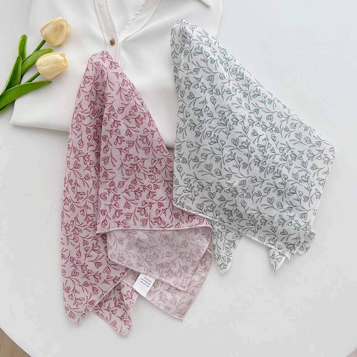 58 Floral Cotton Linen Small Square Women's Spring Summer Korean Style, Fresh Elegant, Neck Scarf, Hairband, and Headscarf - view 5