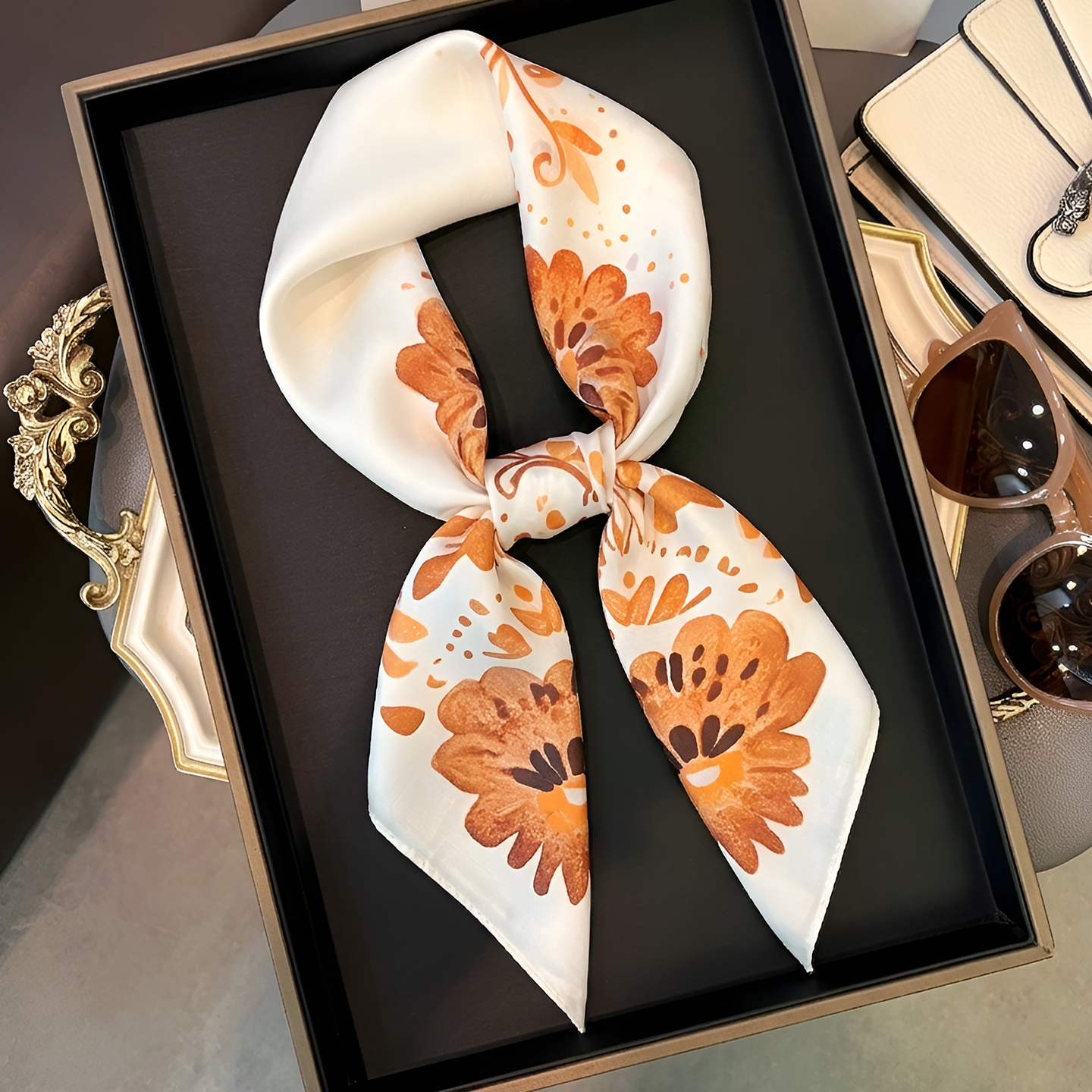 New Korean-style printed faux silk small square s, lightweight versatile accessory spring and summer, perfect for pairing with suits, shirts, or as a 
