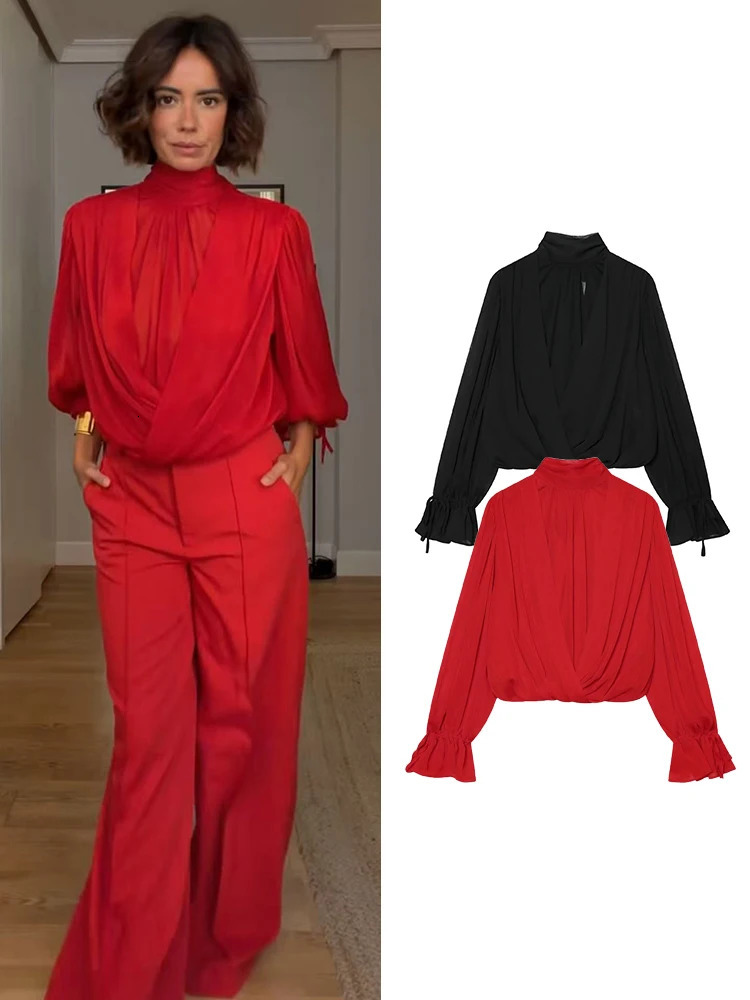 TFMLN Women Shirt Tops Solid Color Spring Autumn Elegant Blouse Bow Fashion Sweet Flare Long Sleeve Folds Ladies Shirts 260924