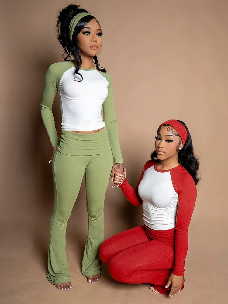 Nibber Christmas Party 2Piece Set Woman Contrast Patchwork oNeck Full Sleeve Crop TopsHigh Waist Long Pant Casual Fashion Suit 260924 - view 5