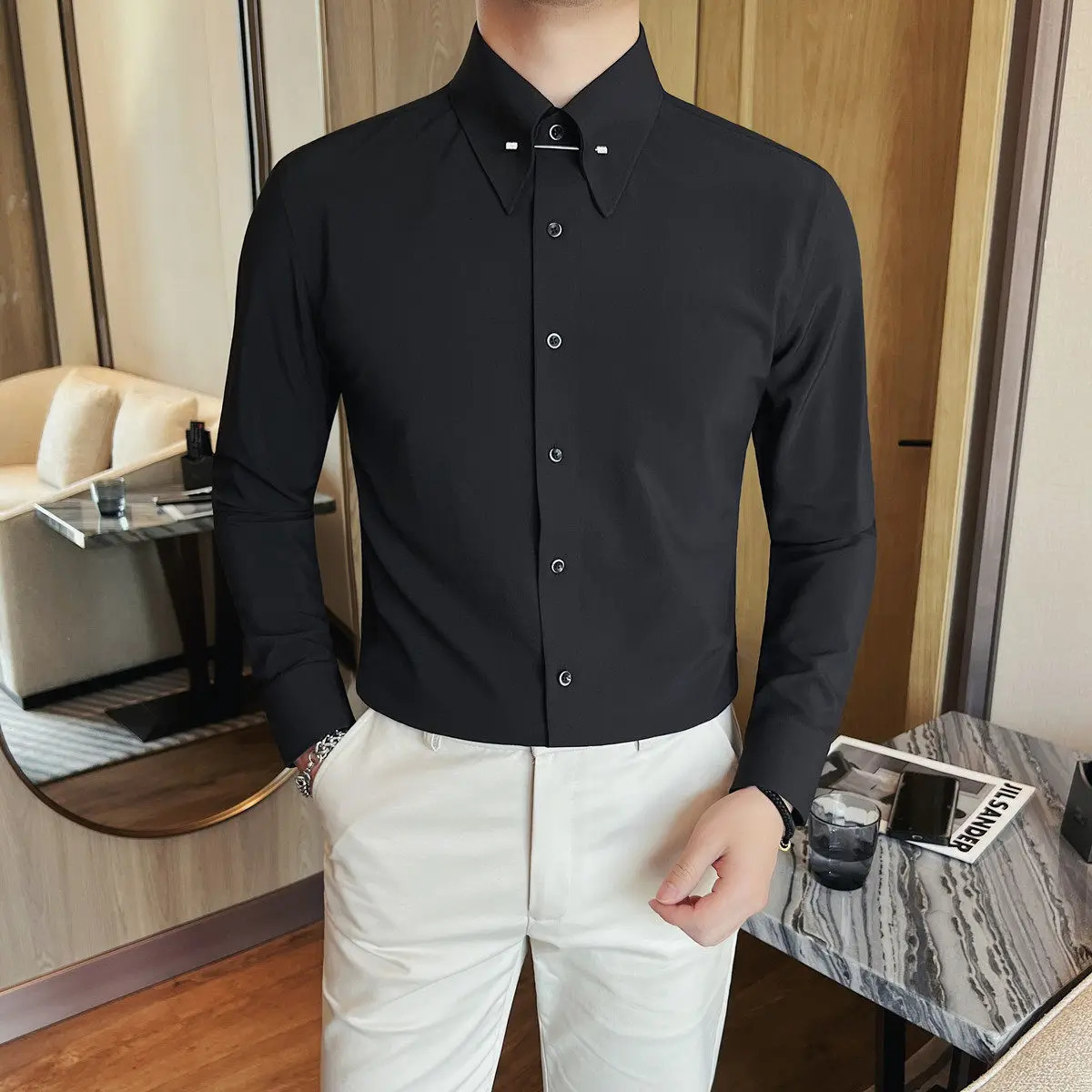 Men Business Shirt Long Sleeve Solid Black White Formal Dress Shirt Slim Metal Pin Collar n Office Work Wear Male Camisa 260922