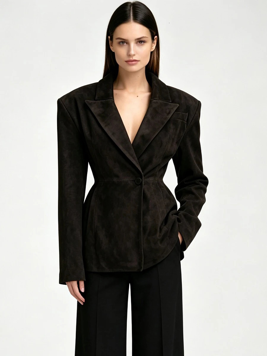LIMO Women Dark Brown Suede Lapel Blazer Single Button Waist Tailored Slim Fit Pocket Long Sleeve Retro Elegant Casual Jacket 260924 - view 4