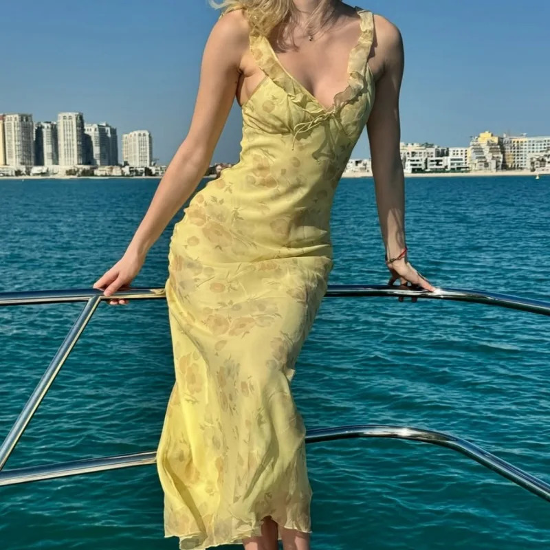 Cryptographic Summer Floral Print Plunge Maxi Dress Outfits Sexy Backless Fairy Sun Dresses Vacation Beachwear Vestido Coquette 260922 - view 6