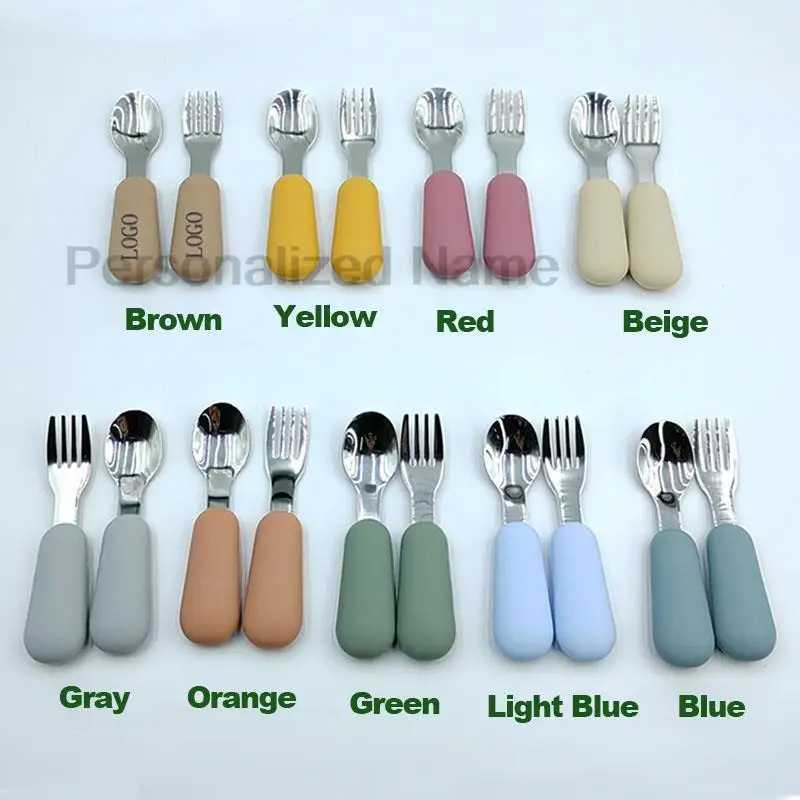 Baby Feeding Other Custom 2PC/Set Baby Silicone Tableware Children Stainless Steel Dinnerware Toddler Cutlery Infant Food Feeding Spoon Fork C2609231 - view 6