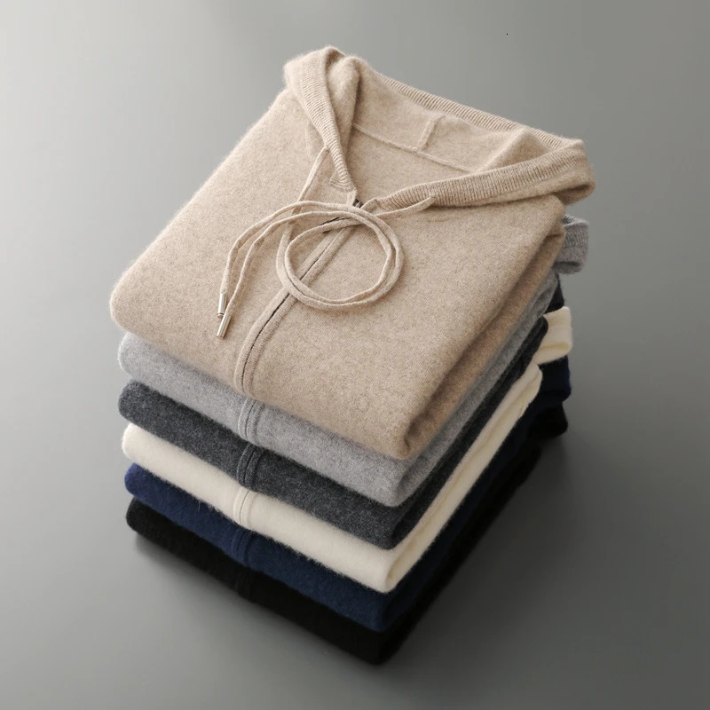 Men Knitted Plane Hooded Cardigan Cashmere Sweater Zipper n Pocket Decoration High quality Thick Warmth Hoodie 260922 - view 6