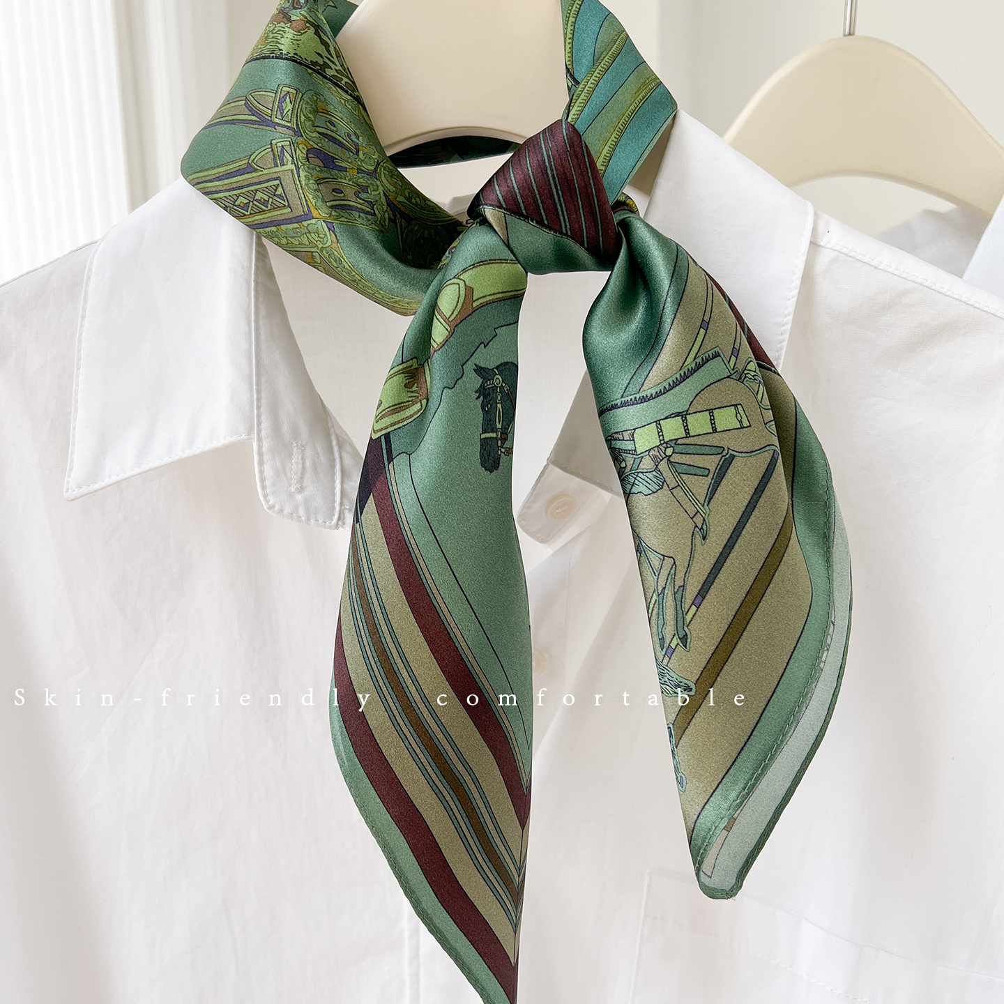 100% mulberry 70*70 silk green carriage versatile square scarf professional shirt suit decorative neckerchief - view 4