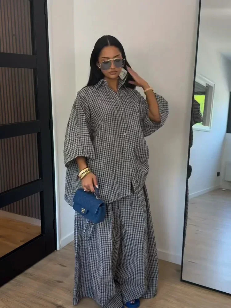 Loose Plaid Shirt Pants Two-piece Set Three Quarter Sleeve Oversize Blouses Wide Leg Pants Suit 2026 Fashion Women Casual Sets 260922 - view 4