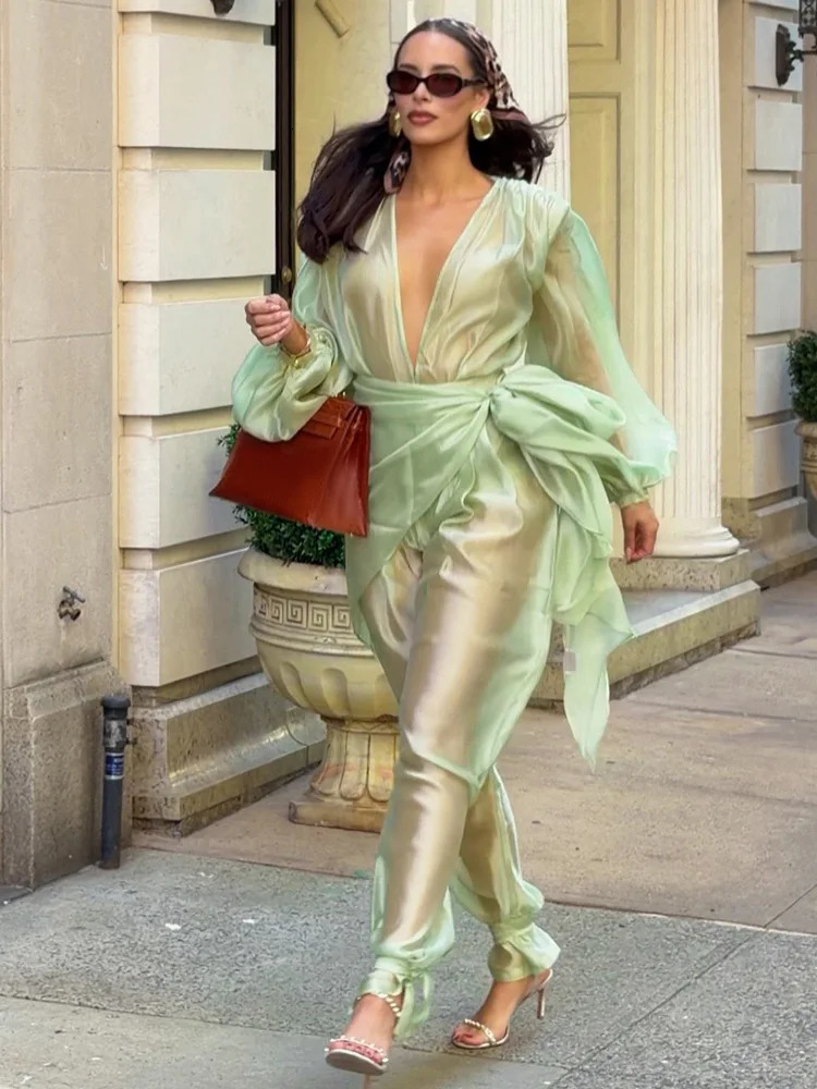 Transparent Deep Vneck Womens Jumpsuit Green Long Sleeve Tapered Pants Lady Fashion Elegant Female Rompers 2026 Summer 260924 - view 4