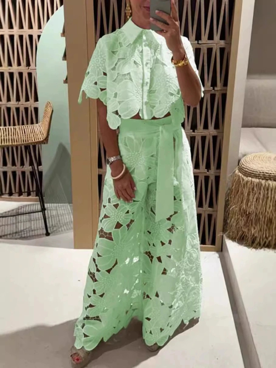 Women Set Short Sleeved Blouse Tops Tie-up Pants Two Peics set Lace Outfit Embroidery Retro Hollow Temperament Suit 260922 - view 6