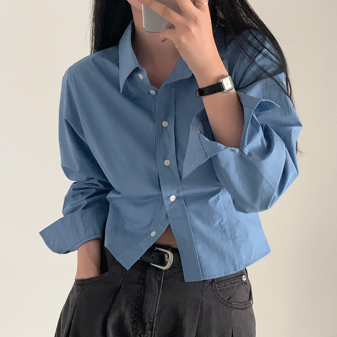 Chic Autumn Short Sleeveless Collar Women's Shirt Single Button Slim Fit Long Sleeve Straight Cut Commute Style Top - view 4