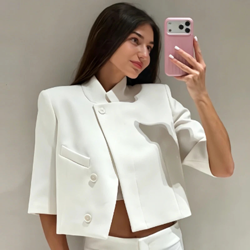 HXAO 2026 Women's Crop White Jacket Demi-Season 2026 Elegant Asymmetric Button Short-Sleeved Outerwears Office Wear Women Blazer 260924 - view 5