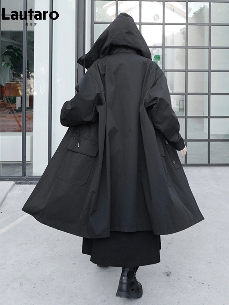 Lautaro Spring Autumn Long Oversized Black Trench Coat with Hood Dark Academia Aesthetic Luxury Designer Clothes for Women 2022 - view 3