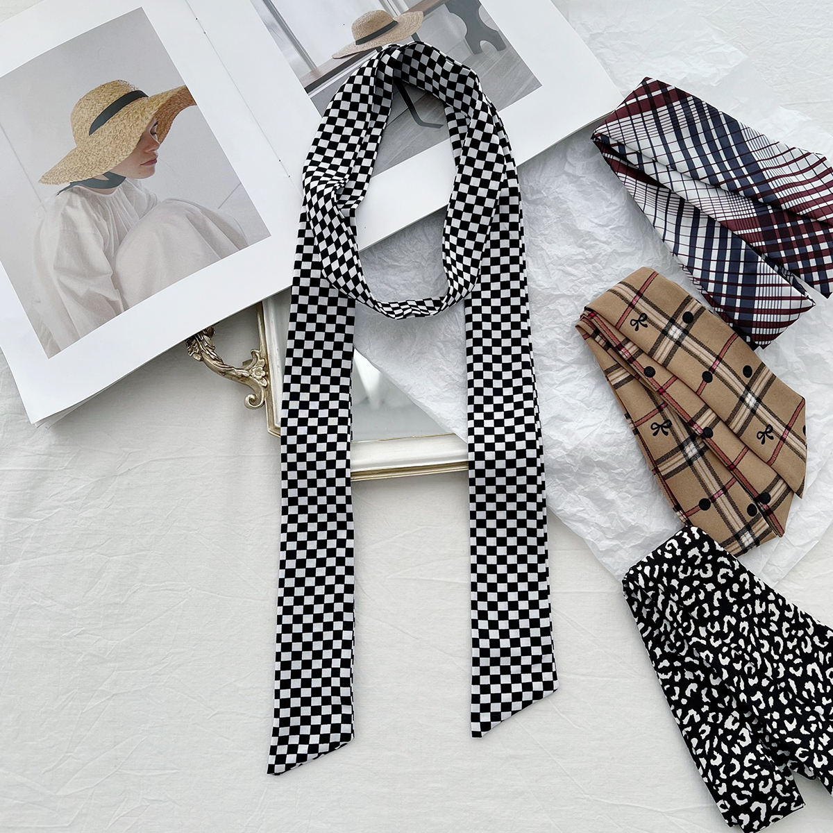 Long Strip High-End Feel Ins French Thin Narrow Neck for Women Korean Style Outfit Silk Scarf Polka Dot Plaid Print Ribbon - view 5