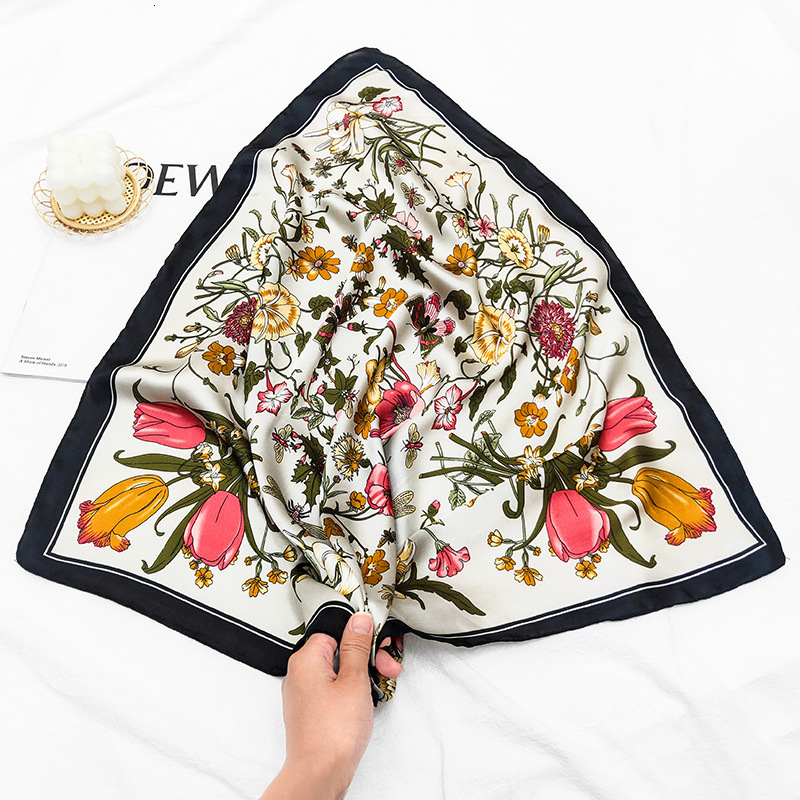 Color-blocked 70cm square scarf, fashionable new design, made of faux silk with floral patterns, simple and lightweight, a small scarf or neckerchief - view 5