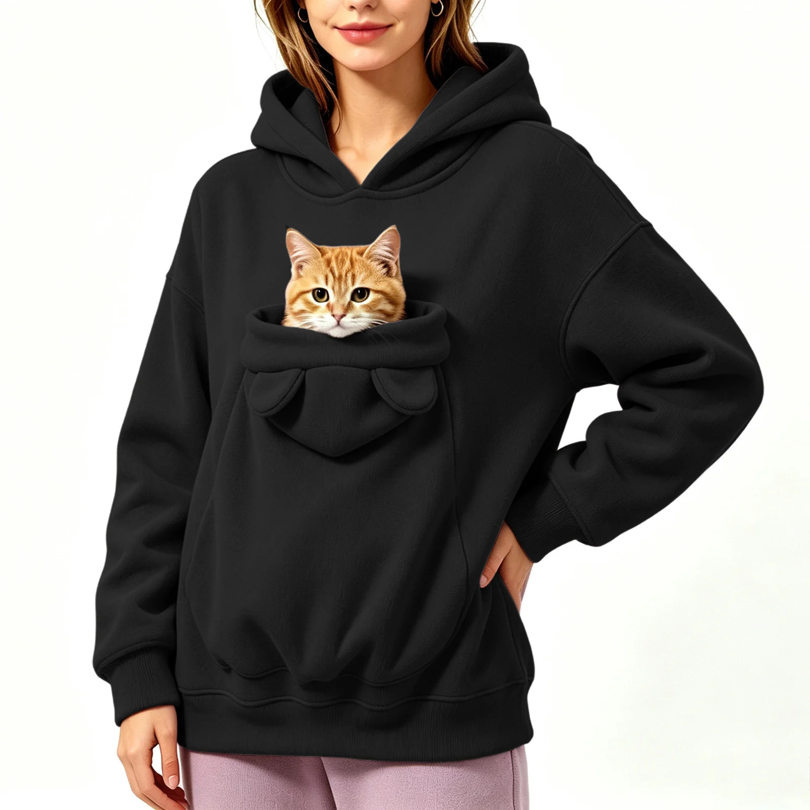 Women Pet Pouch Hoodies Oversize Sweatshirts With Hooded Kangaroo Pocket Cute Funny Solid Color Long Sleeve Pullover For Dog Cat 260924 - view 3