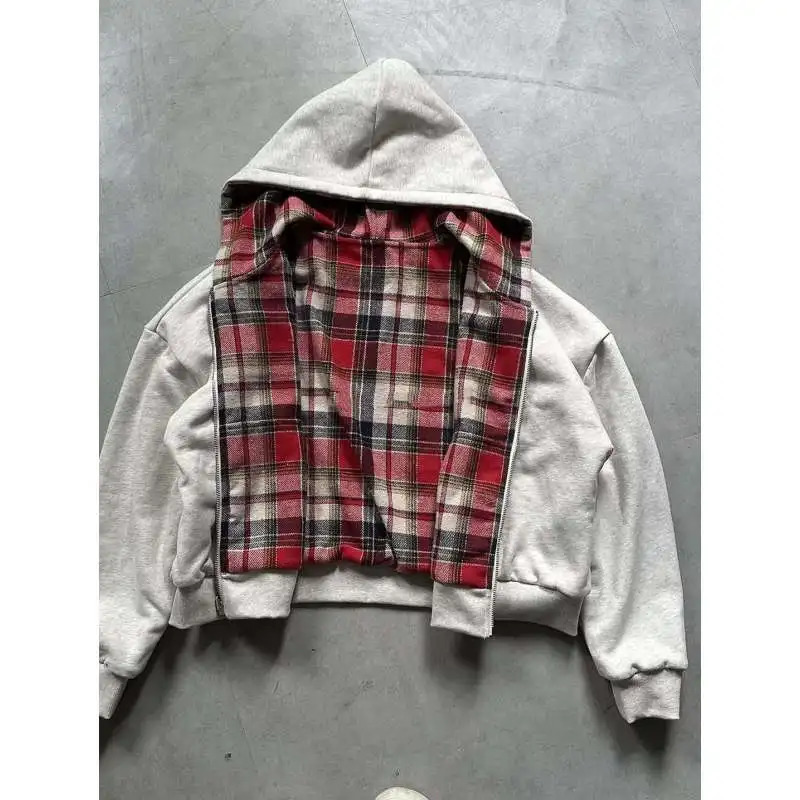 Reversible Zip Up Hoodie Plaid Pattern Cropped Long Sleeve Loose Fit Y2K Streetwear Casual Sweatshirt 260924 - view 7