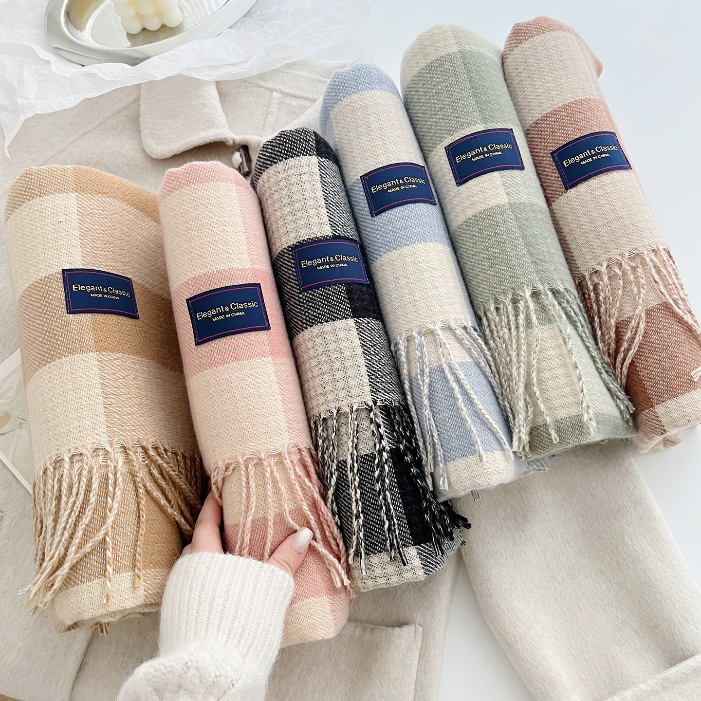 2026 Autumn/Winter New Versatile Korean-Style Scarf for Women, Thick Knitted Tassel Warm Neck Warmer, Imitation Cashmere Plaid Shawl - view 3
