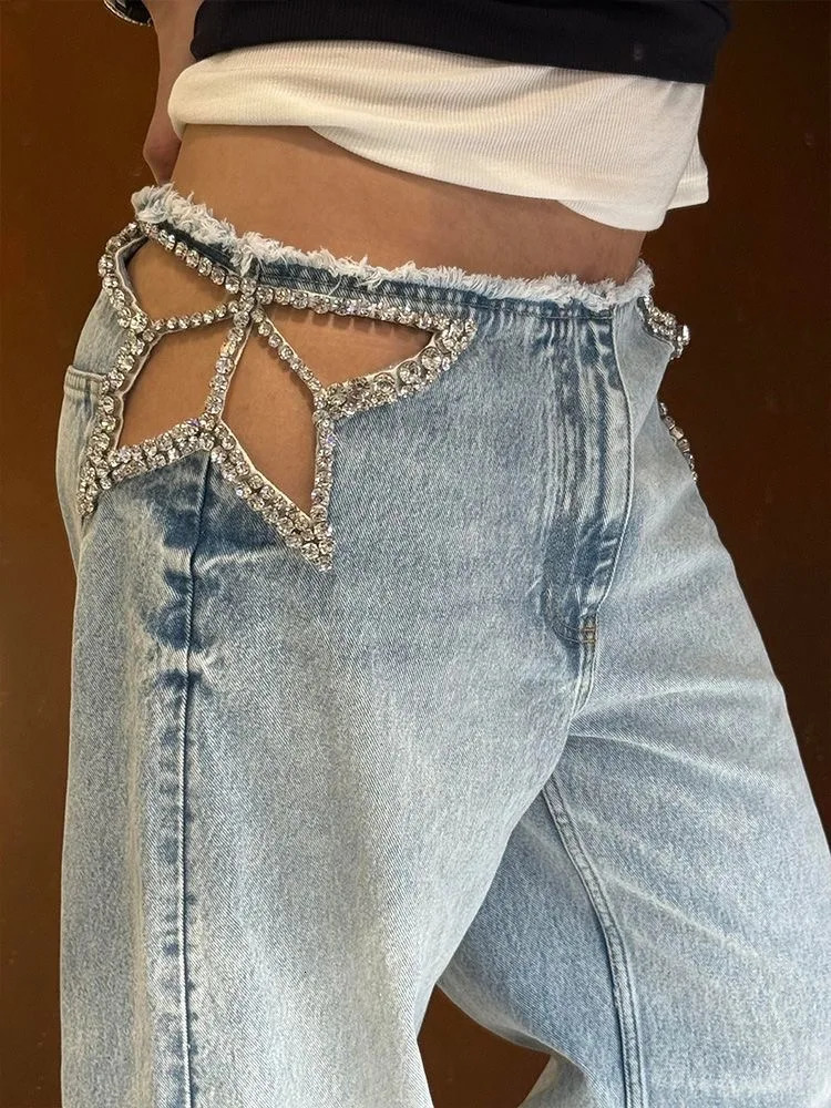 Light Blue Washed Wide Leg Jeans Women Star Cutout Rhinestone Waist Detail High Waist Baggy Denim Pants Y2K Streetwear 260924 - view 7
