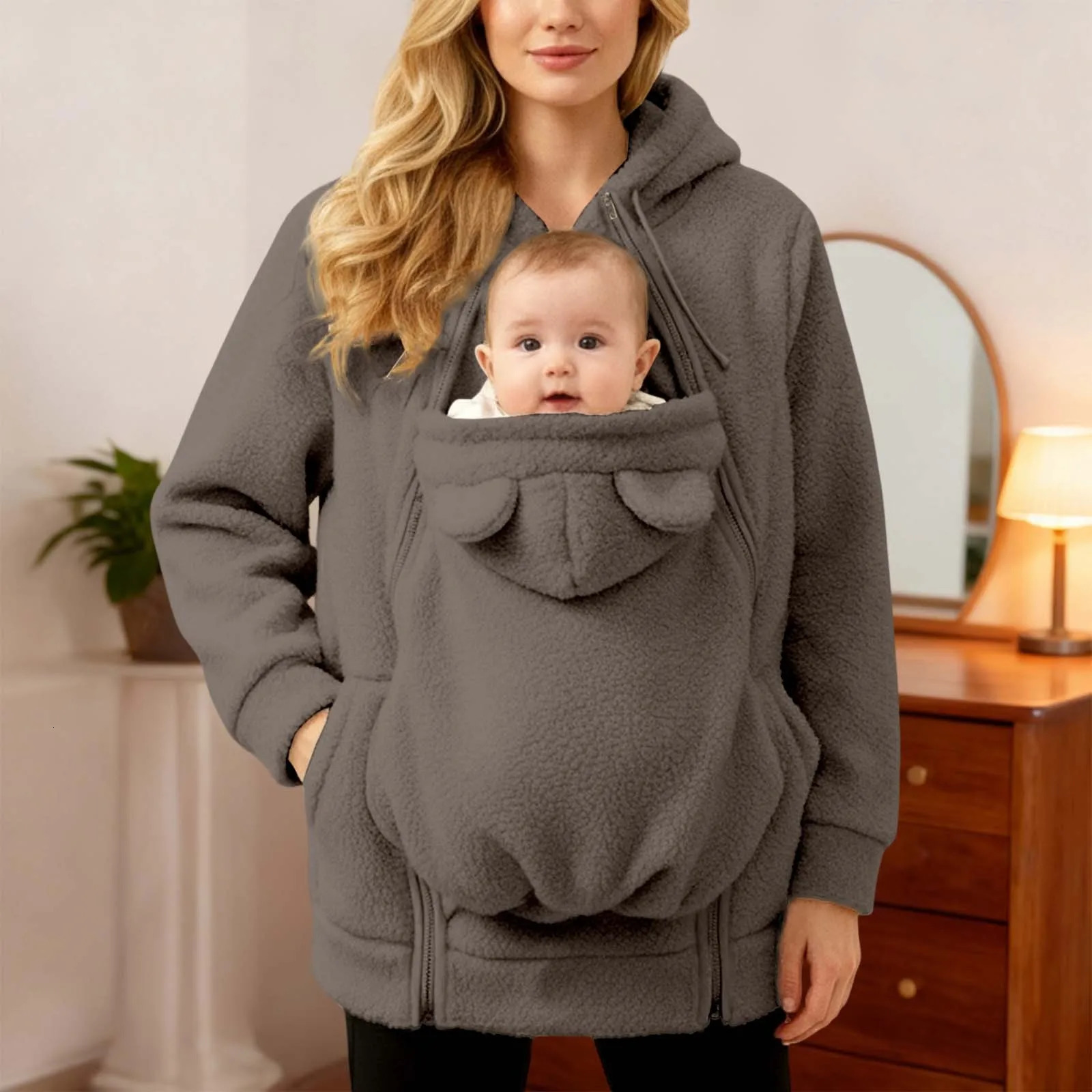 2In1 Maternity Clothes Autumn Winter Plush Hoodies Kangaroo n Big Pockets Jackets For Pregnant Women Warm Wearing 260924 - view 5