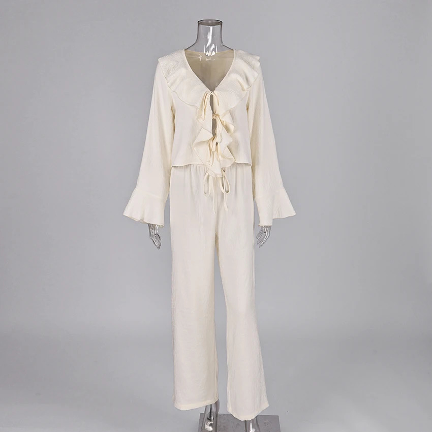 Linad Casual Loose Apricot Outfits Fashion Ruffles Flare Sleeve Blouse With High Waist Pant 2 Piece Sets Summer Long Pants Suits 260922 - view 6