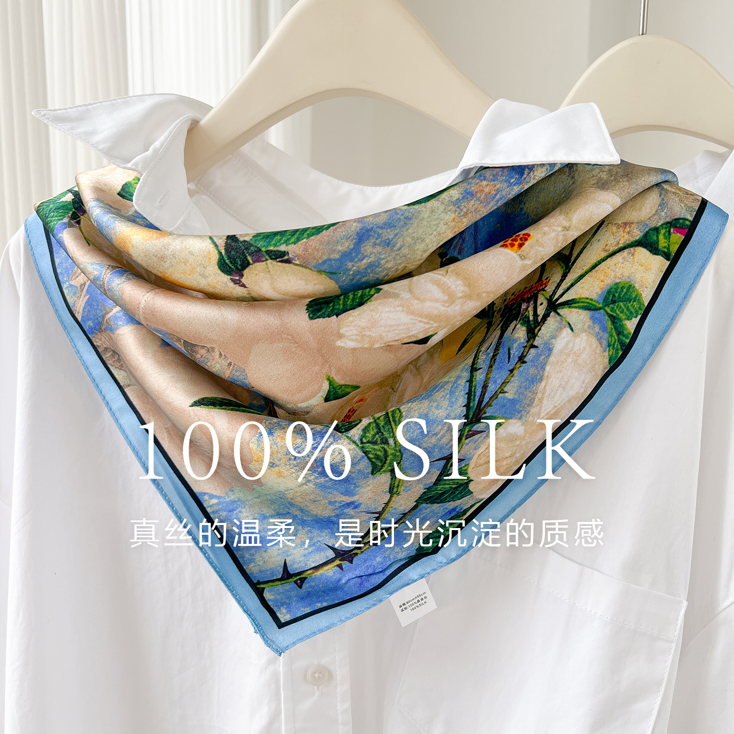 100% mulberry silk women's white rose print, 70*70 square scarf, elegant versatile decorative scarf and neckerchief - view 3
