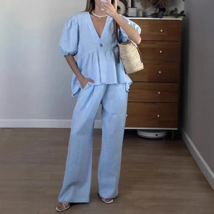 Women Solid Color V-Neck Bubble Short-Sleeved Trousers Suit Summer Women Short T-Shirt Top Long Pants Two Peice Sets 260922 - view 7