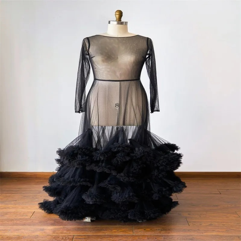 Illusion Bridal Sleepwear Soft Tulle Jewel Long Sleeves Ruffles Tiered Custom Made Wedding Robes Nightgown Sweep Train - view 4