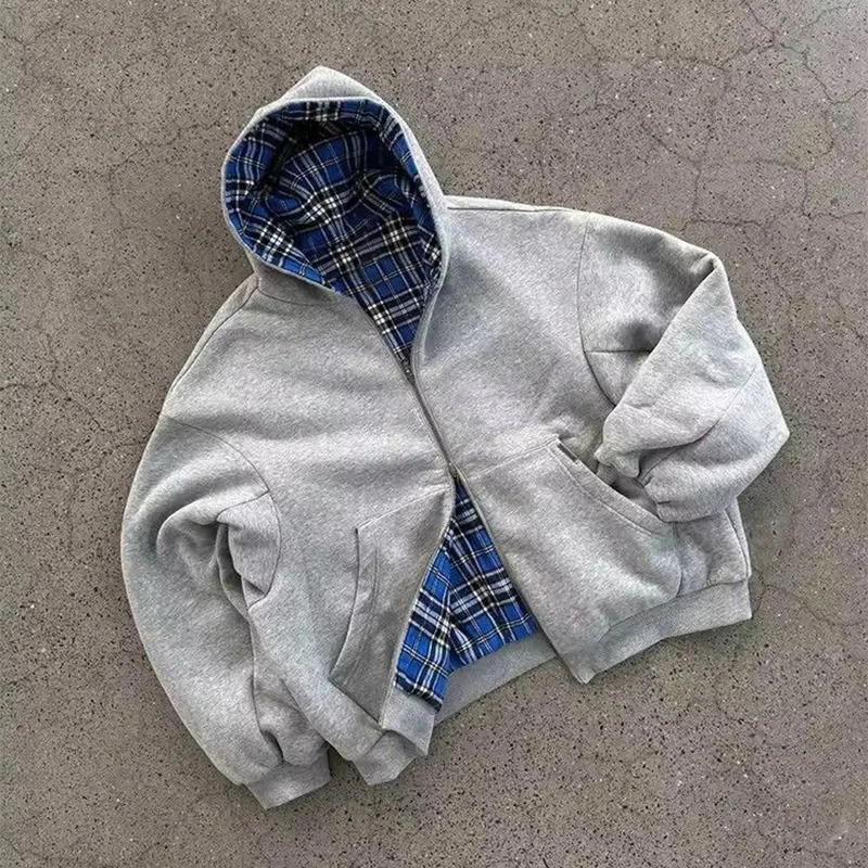 Reversible Zip Up Hoodie Plaid Pattern Cropped Long Sleeve Loose Fit Y2K Streetwear Casual Sweatshirt 260924 - view 3
