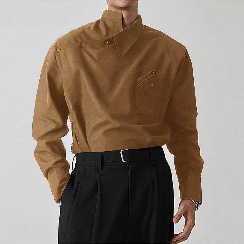 Mens Irregular Asymmetric Collar Button Detail Long Sleeve Shirt ner Formal Casual Top 260922 - view 7