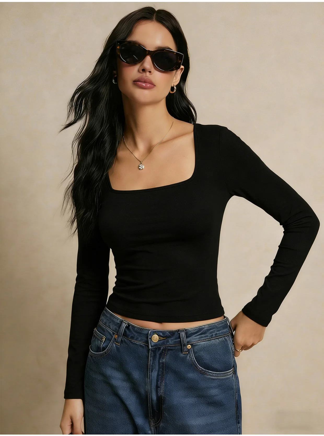 Women's long-sleeved shirt exposed top autumn fashion solid color square collar basic T-shirt Y2k clothing 260920 - view 3