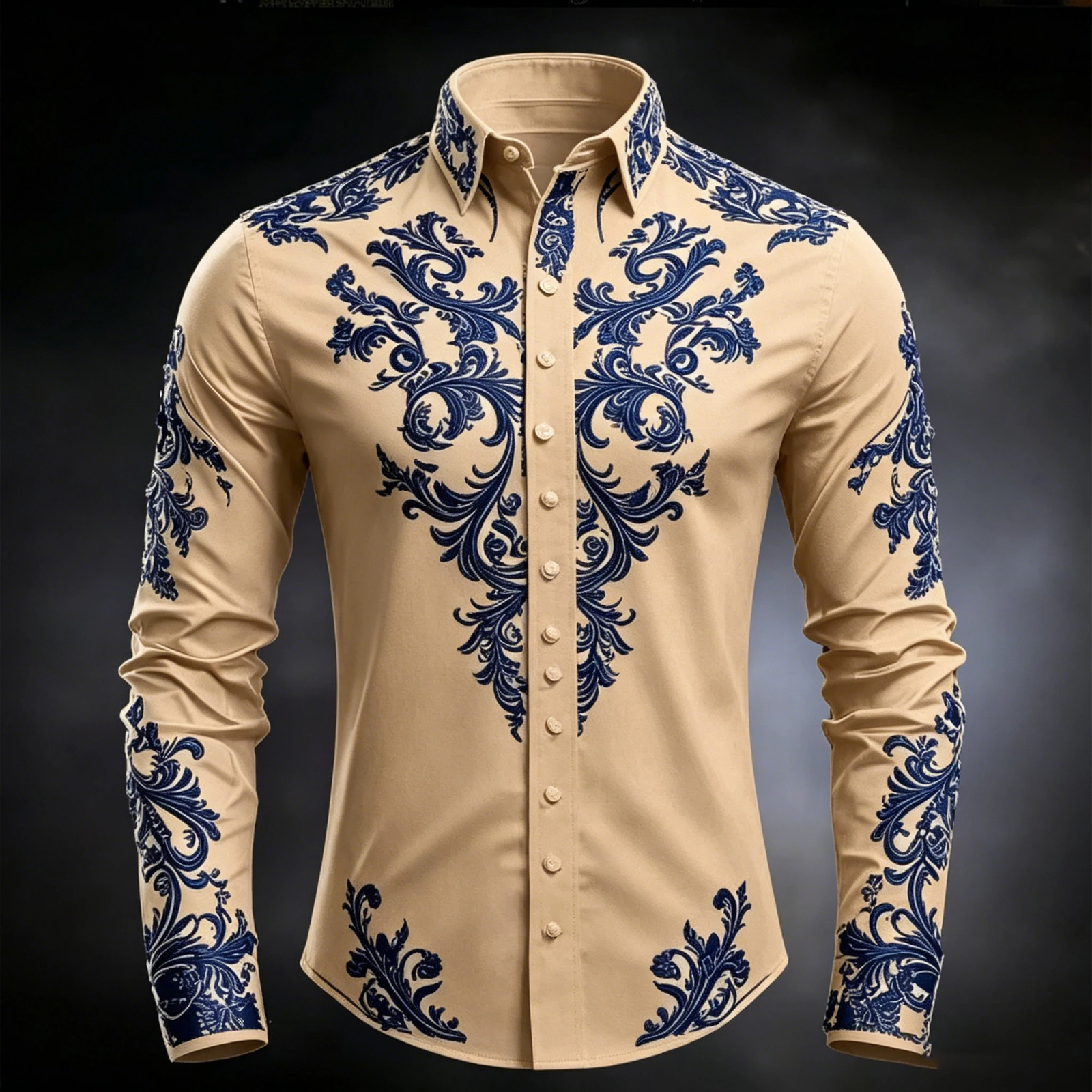 Men's y Baroque Print White Satin Dress Shirt Long Sleeve Slim Fit Formal Business Party Button Down Shirt 260922 - view 5