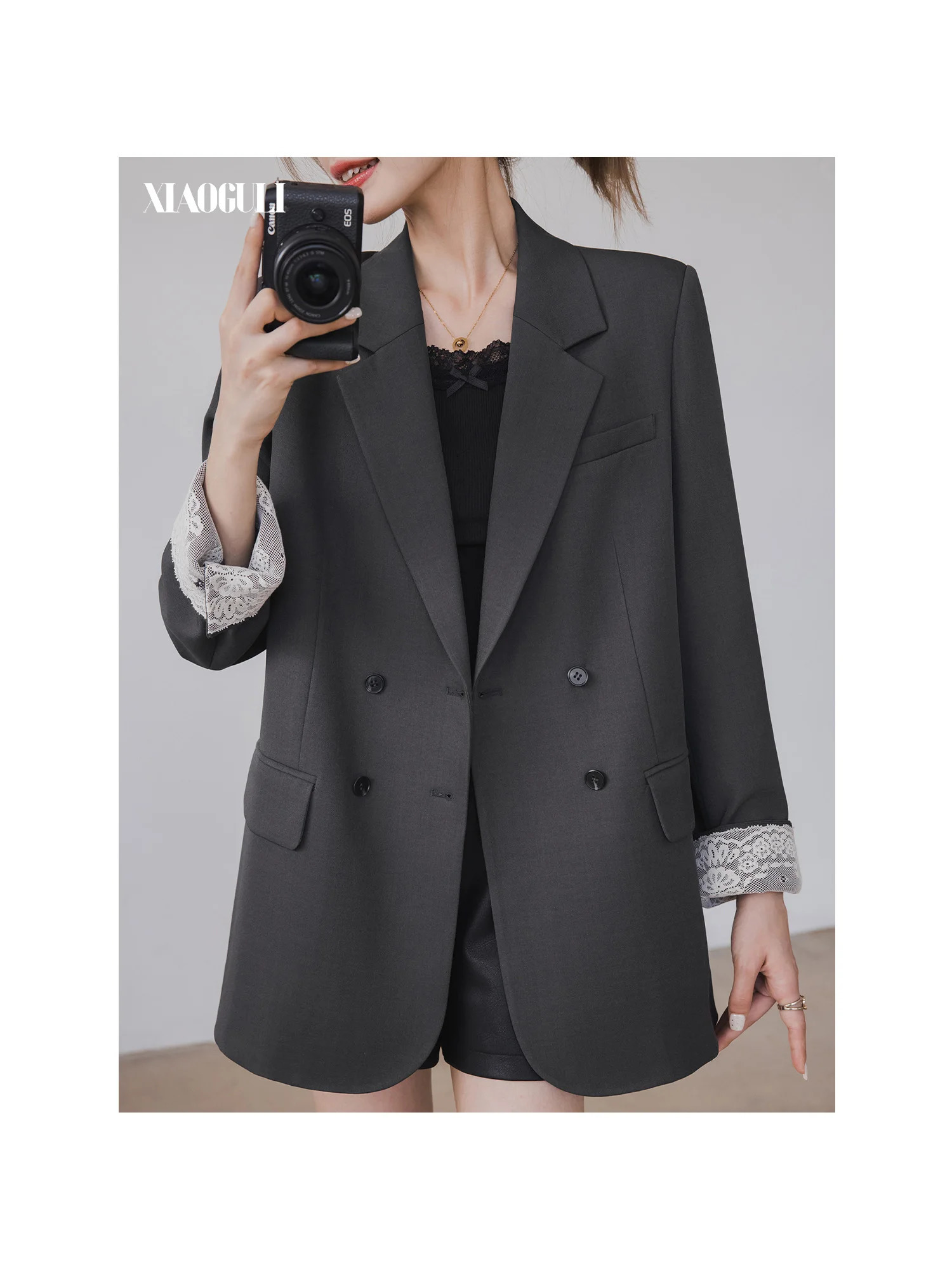 XIAOGULI Women Double Breasted Blazer Jacket Retro Elegant Lace Cuff Loose Fit Fashion Korean Style Office Daily Outerwear Tops 260924