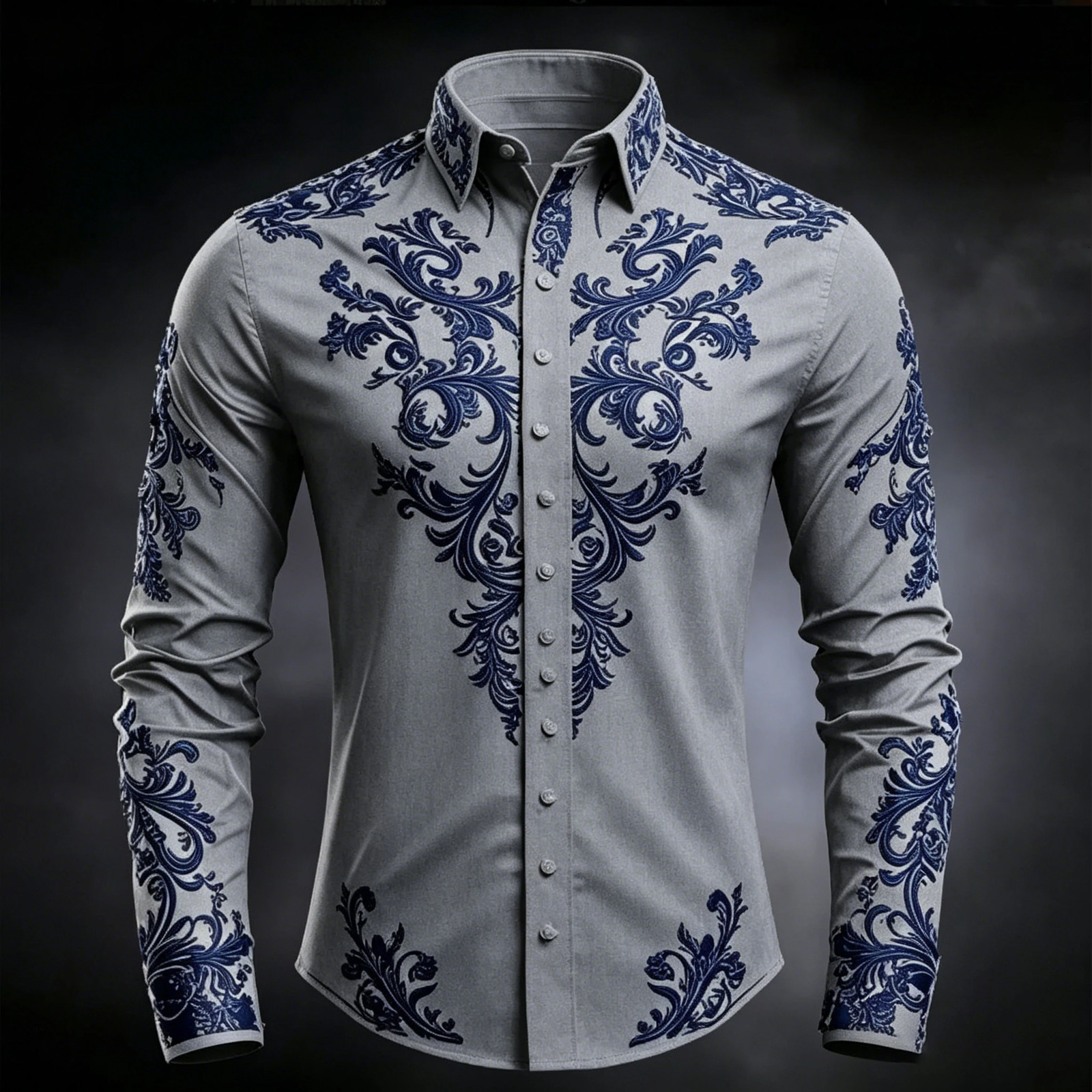 Men's y Baroque Print White Satin Dress Shirt Long Sleeve Slim Fit Formal Business Party Button Down Shirt 260922 - view 3