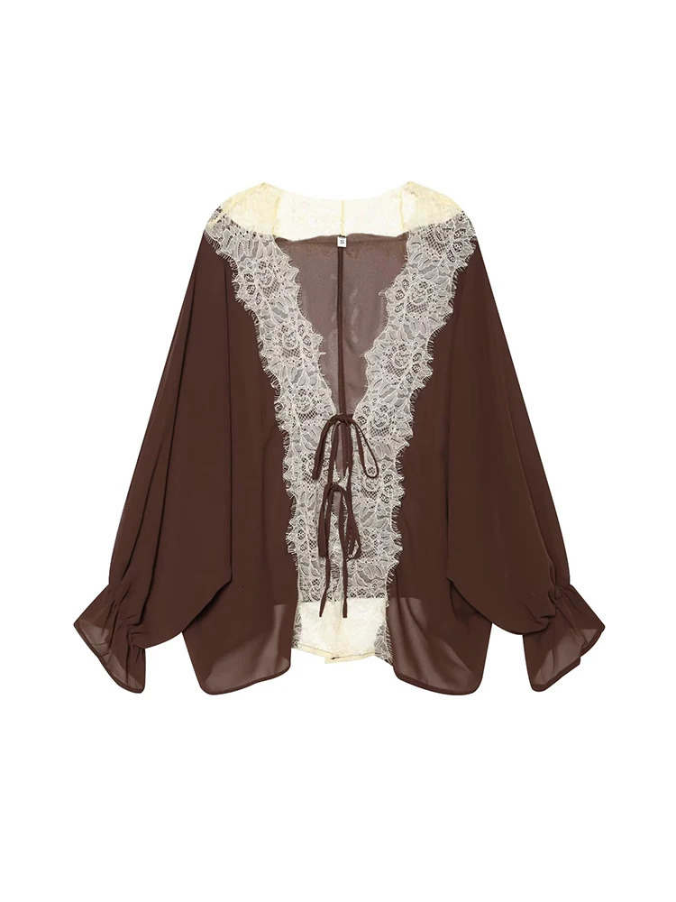 TFMLN Womens Lace Sheer Blouses Elegant Sexy Lace Up Hollow Long Sleeve V Neck Loose Fit Female Leisure Shirts Summer 260924 - view 4