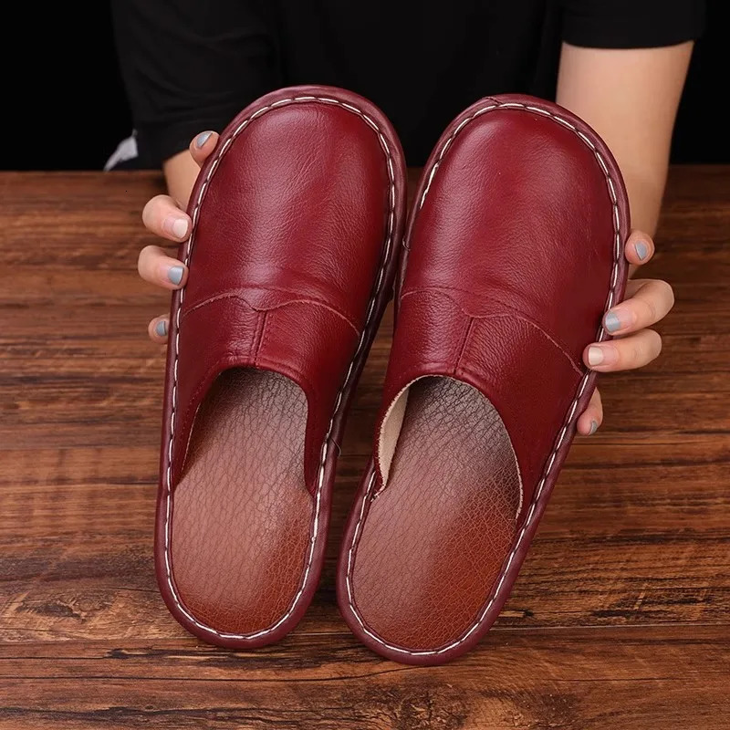 Men Spring Cow Leather Indoor Slippers Anti-Skip Comfortable Couple Home Casual Shoes Household Slippers for Women 260918