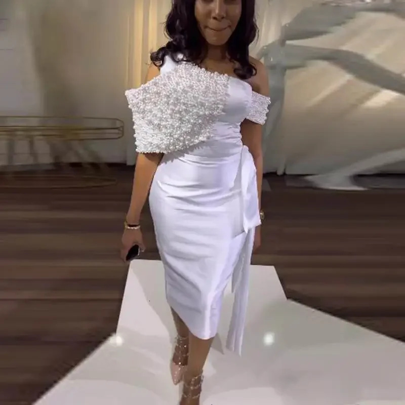 Elegant White Pearl Evening Gown 2026 Sexy Off Shoulder And Calf Women's Cocktail Party Formal Occasion Dress Customized