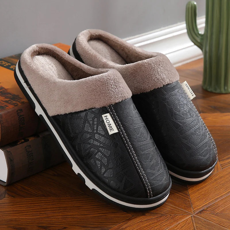 Mens Winter Slippers PU Leather Waterproof Indoor House Shoes Big Size Warm Fur Lined Home Bedroom Slippers 260918 - view 6
