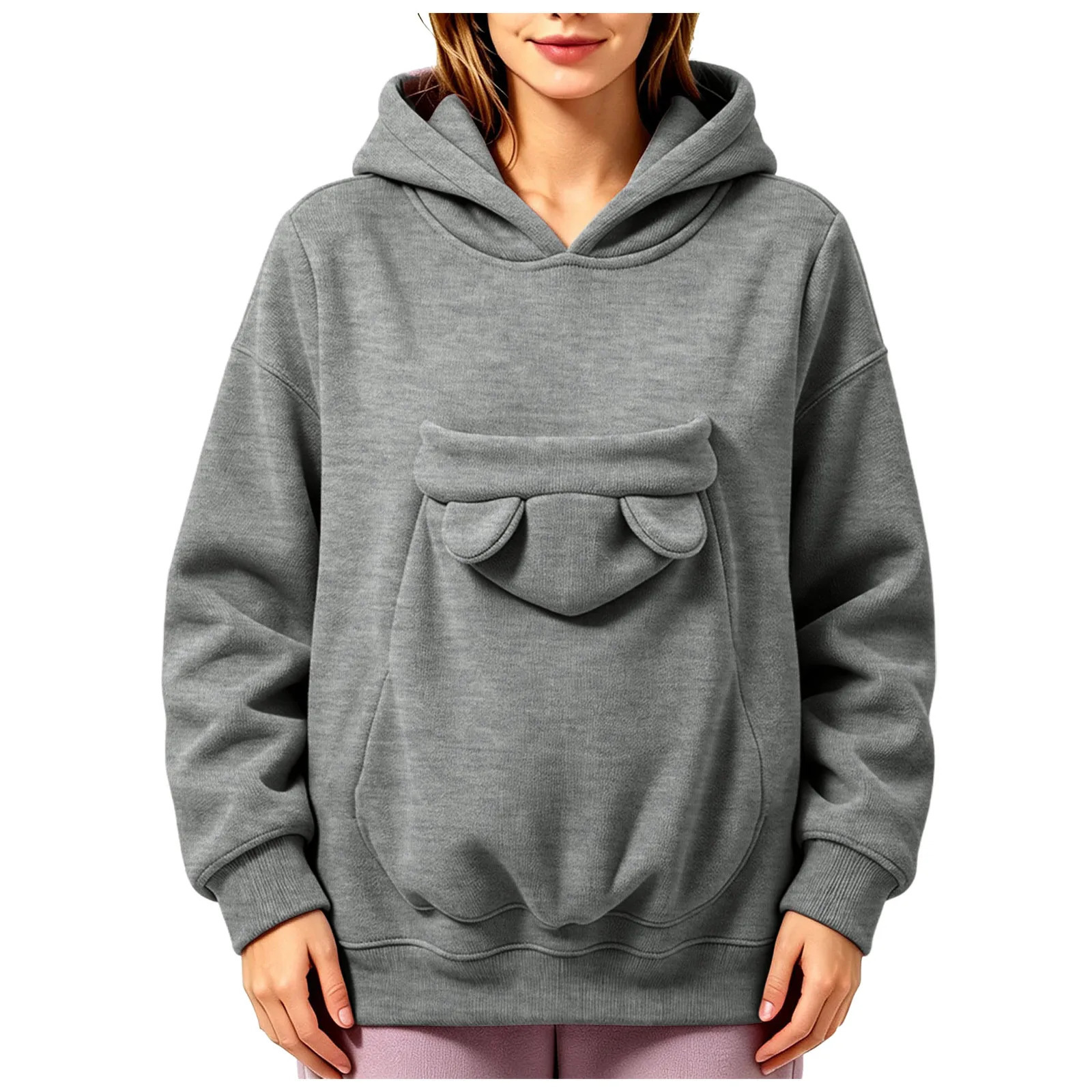 Women Pet Pouch Hoodies Oversize Sweatshirts With Hooded Kangaroo Pocket Cute Funny Solid Color Long Sleeve Pullover For Dog Cat 260924