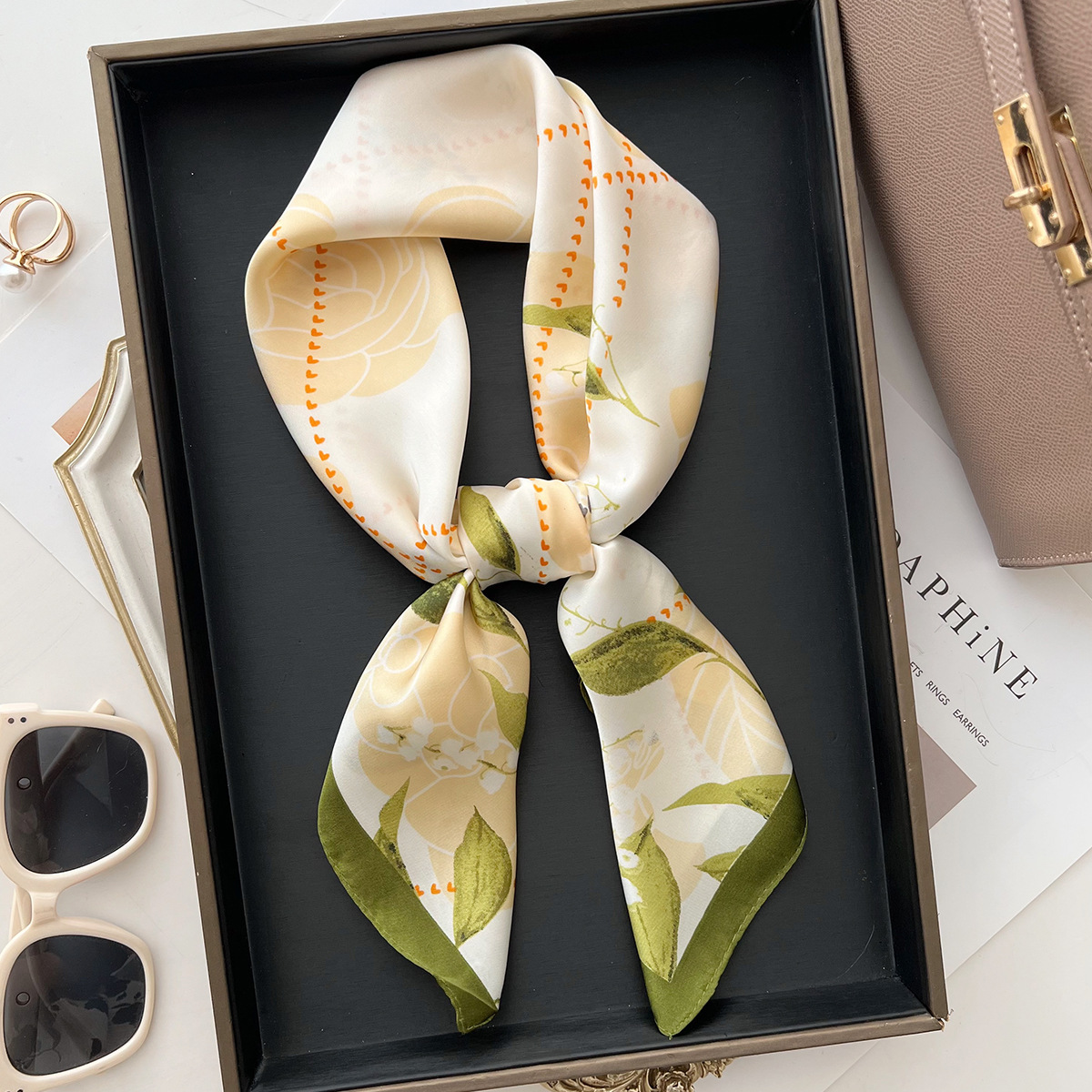 Summer New Printed Imitation Silk Fashion Versatile Windproof Neck Guard Hairband Matching Professional Workwear Small Scarf