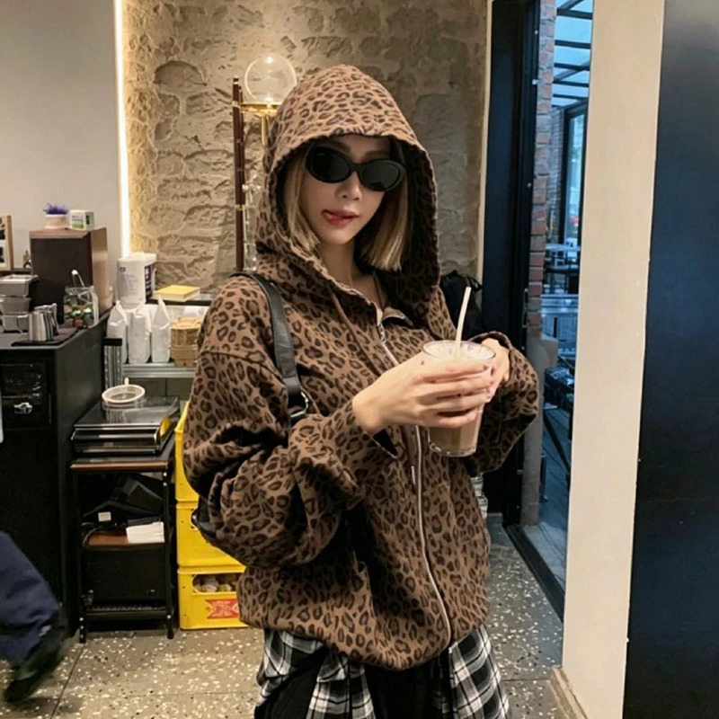 Y2K Leopard Print Hooded Jacket Women Full Zip Drawstring Hood Long Sleeve Loose Fit Streetwear Street Club Ladies Outerwear 260924