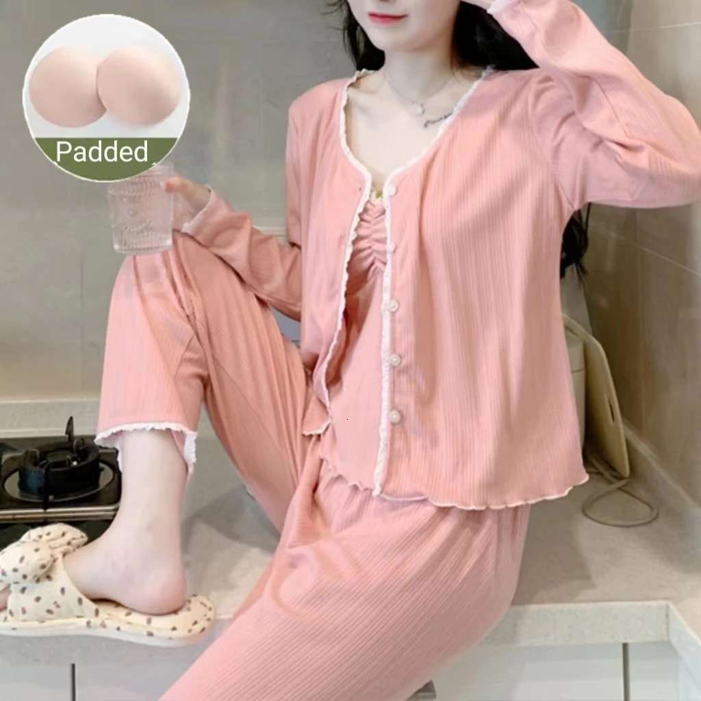 Pajamas Female Long-Sleeved Spring And Autumn Suspenders Trousers Three-Piece Set With Cushion Sweet Pajamas Homewear Suit 260922 - view 5