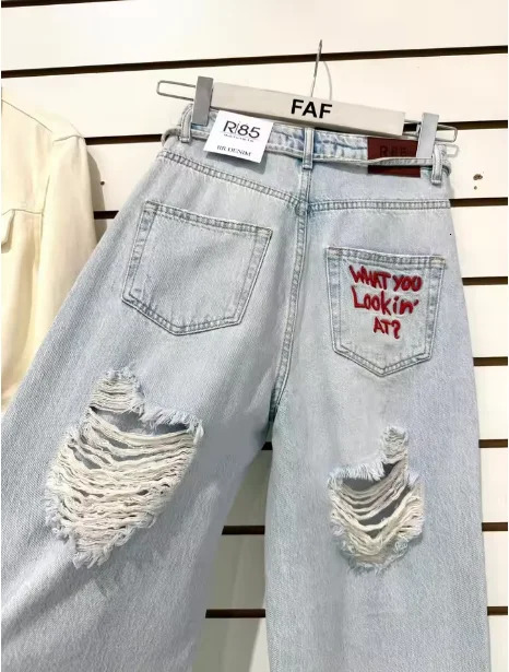 Women Y2K High Waist Ripped Jeans "What You Lookin At" Print Light Blue Straight Leg Streetwear Denim Pants 260922 - view 4