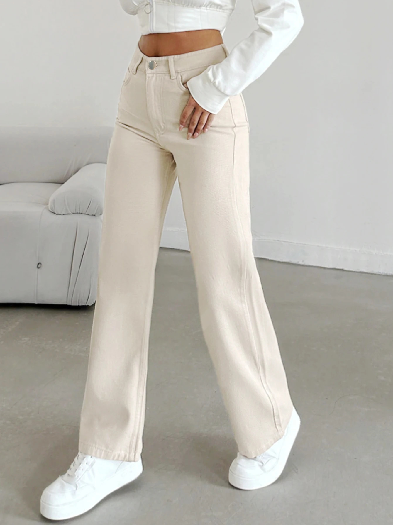 Women's autumn jeans made of cotton denim in a beige apricot color straight-leg slim fit high-waisted elastic waistband 260922 - view 5