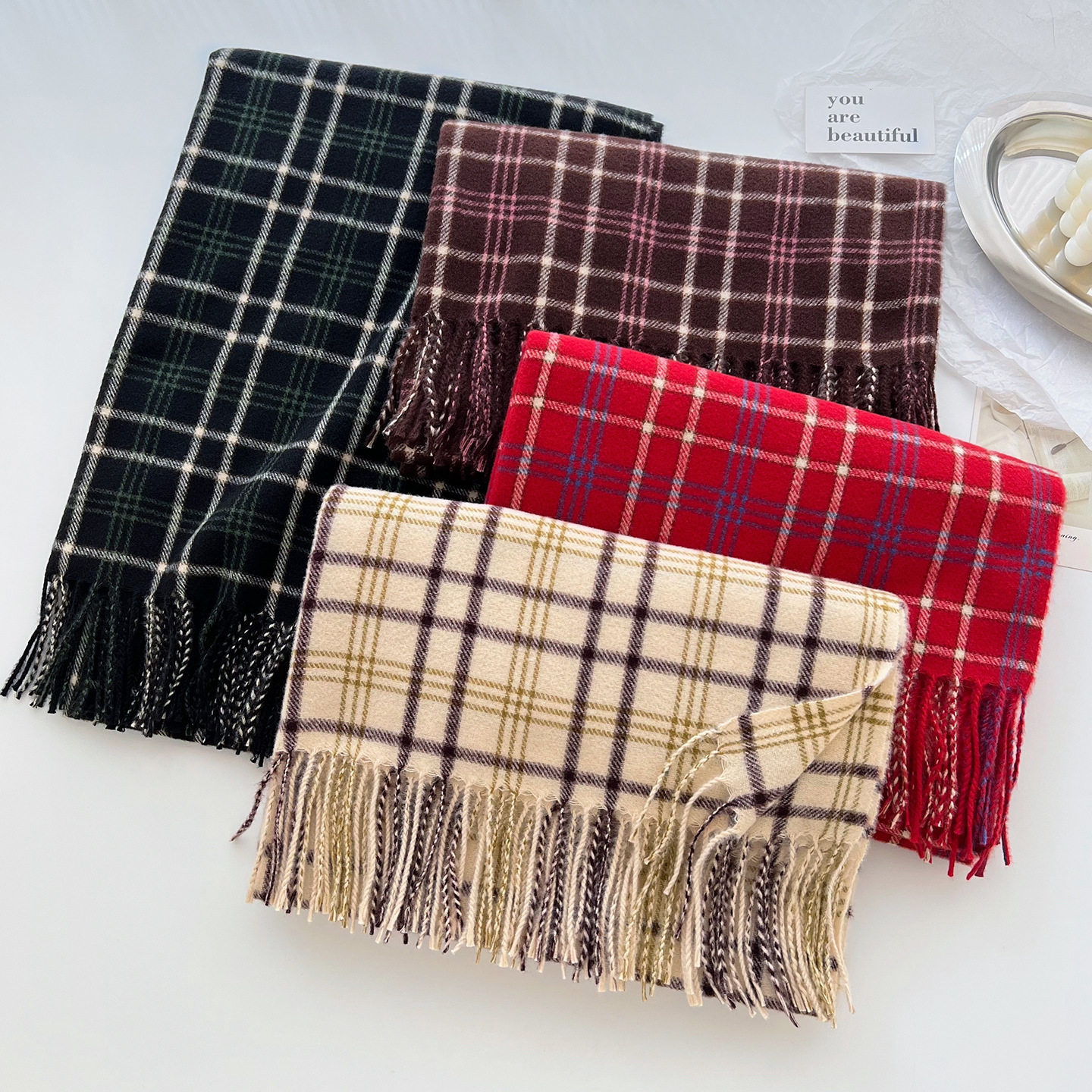 New Korean Style Plaid Line Imitation Cashmere Scarf Couple Fashion Thickened Warm Simple Neck Warmer Atmosphere Shawl