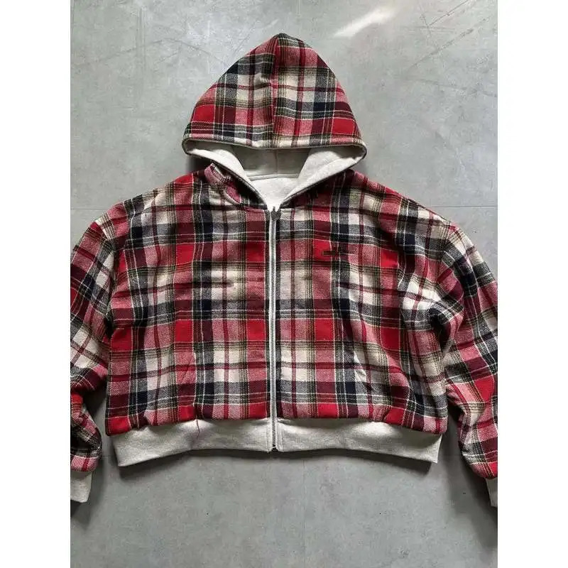 Reversible Zip Up Hoodie Plaid Pattern Cropped Long Sleeve Loose Fit Y2K Streetwear Casual Sweatshirt 260924 - view 6