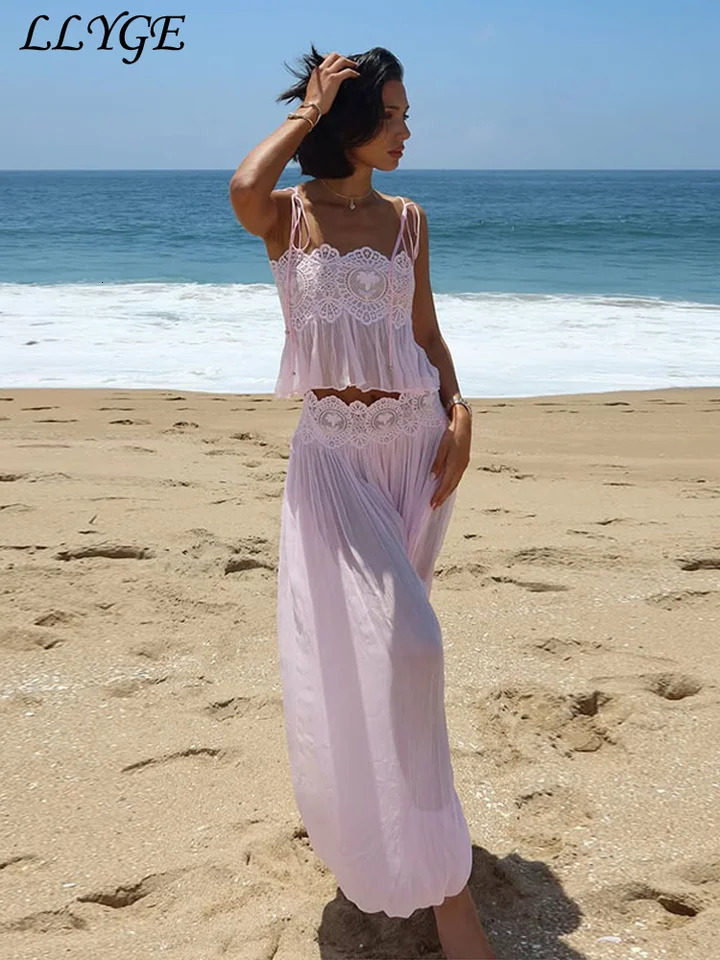 Beach Floral Lace Hollow Out Women's Pants Sets Ruffles Spaghetti Strap Crop Tops Loose Pleated Lantern Pant 2026 Summer Suits 260922 - view 5