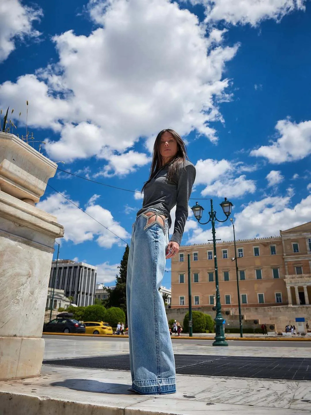 Light Blue Washed Wide Leg Jeans Women Star Cutout Rhinestone Waist Detail High Waist Baggy Denim Pants Y2K Streetwear 260924 - view 4