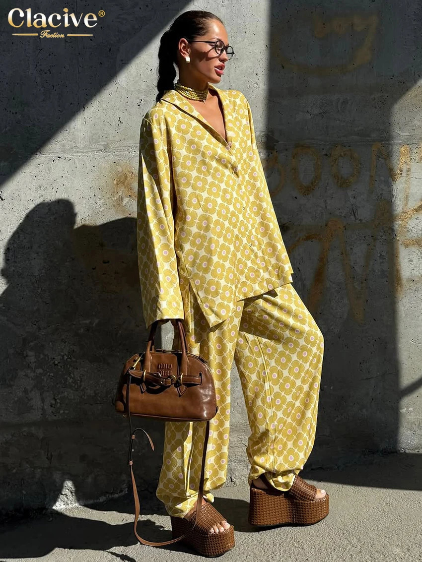 Clacive Fashion Loose Print Women's Two Pieces Set Elegant Long Sleeve Blouse With High Waist Wide Pants Set Female Streetwear 260922 - view 4