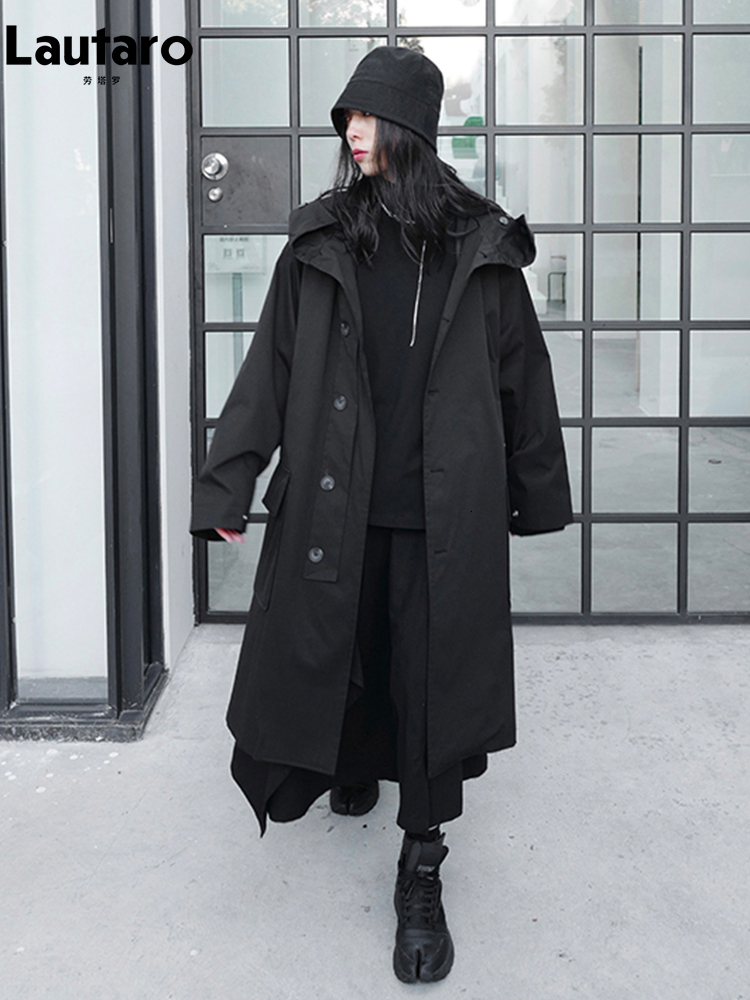 Lautaro Spring Autumn Long Oversized Black Trench Coat with Hood Dark Academia Aesthetic Luxury Designer Clothes for Women 2022 - view 4